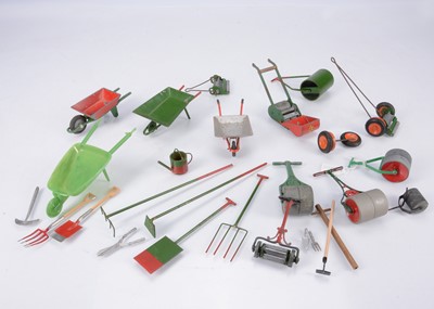 Lot 842 - Small selection of toy garden tools and implements by unknown makers comprising heavy wire spade, rake, hoe and fork - possibly by Olson Farminit
