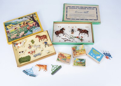 Lot 844 - Boxed farm sets by Britains and Timpo comprising Timpo 12pce Farm set - VG, still strung in place in G box, but end label missing contents