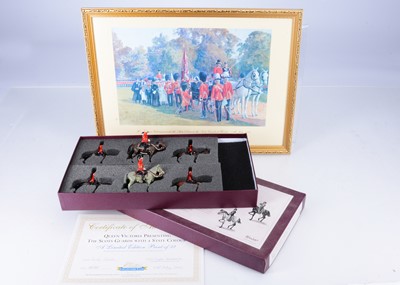 Lot 872 - Britains Limited Edition print (No. 32 of 32) 'Queen Victoria presenting the Scots Guards with a State Colour' with the original 'pre-production display' set of 6 mounted figures