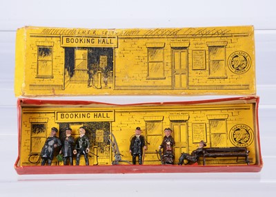 Lot 875 - Very unusual - possibly unique - 'OAK-APPLE BRAND 1794' boxed railway figures set with cardboard BOOKING HALL insert card