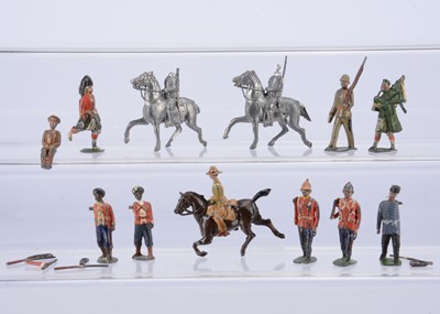 Lot 883 - Various military themed figures by Renvoize including copies of Britains originals, comprising extremely rare - but missing heads - mounted figures marked J.RENVOIZE 2.2.04 probably British cavalry