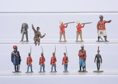 Lot 891 - Pre WW2 large scale British Indian Army figures by Crescent (3) with a Greenwood & Ball KRRC Officer
