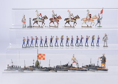 Lot 900 - Lead Battleships - probably Tremo - and lead knights by Mignot and Haffner comprising large ships (5) with a lighthouse