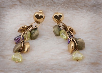 Lot 51 - A pair of 9ct gold amethyst and quartz heart shaped drop earrings