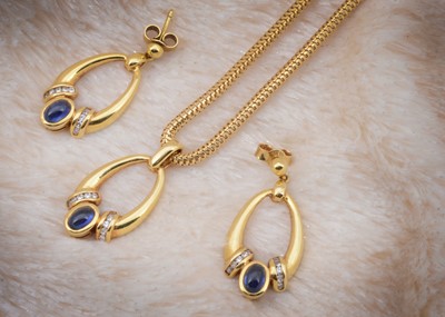 Lot 75 - A continental 18ct sapphire and diamond necklace and earring set