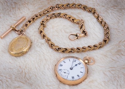 Lot 169 - A 9ct gold herringbone link watch chain and oval locket