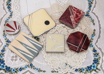 Lot 336 - Six chromed Art Deco coloured enamel decorated compacts