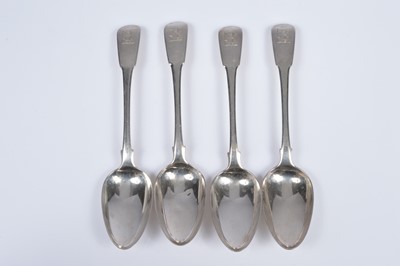 Lot 426 - A set of four George III silver fiddle pattern tablespoons by William Eley & William Fearn