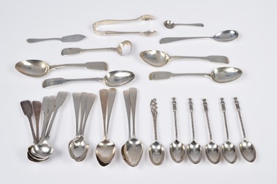 Lot 433 - A collection of Georgian and later teaspoons and other spoons and a pair of sugar tongs