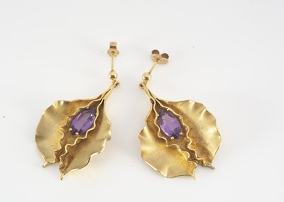 Lot 163 - A pair of contemporary 9ct gold amethyst petal style earrings