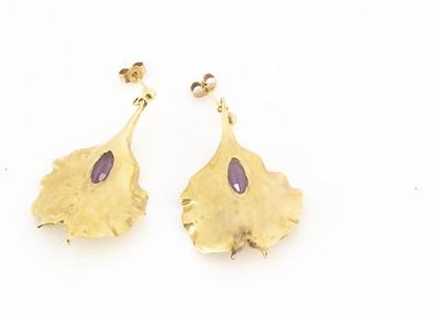 Lot 163 - A pair of contemporary 9ct gold amethyst petal style earrings