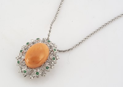 Lot 173 - A contemporary white gold emerald, diamond and coral drop pendant
