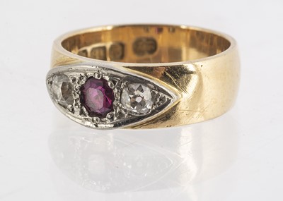 Lot 182 - A certificated 'un heated' ruby and old cut diamond three stone dress ring, flanked by two old cut diamonds, 0.20cts each approx., ring size P, hallmarked Birmingham 1915, makers marks S.T