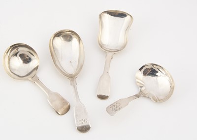 Lot 231 - Four Georgian and Victorian period silver fiddle pattern handle tea caddy spoons