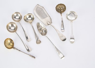 Lot 270 - Seven 19th and 20th century silver spoons and a silver fish slice