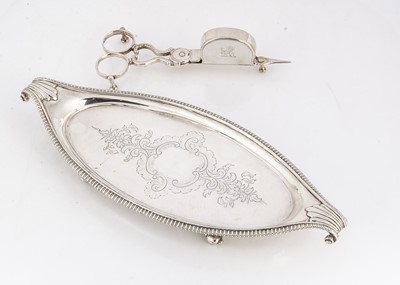 Lot 293 - A George III silver tray and a pair of candle snuffer scissors