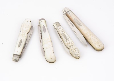 Lot 317 - A collection of four Victorian and later silver and mother of pearl folding pocket fruit knives