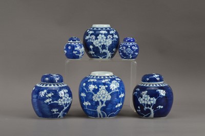 Lot 483 - A collection of Chinese prunus blue and white ginger jars